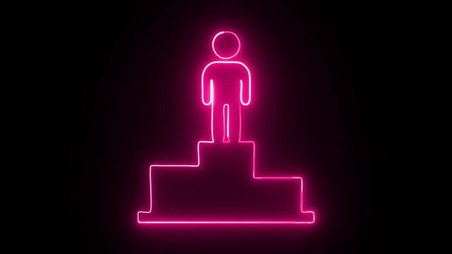 Winning neon glow animation, achievement concept, pink outline of person on top of podium, celebrating success, leadership, glowing victory