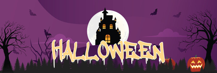 Halloween Party Banner with Pumpkin, Bats, and  Purple Background, Vector Illustration