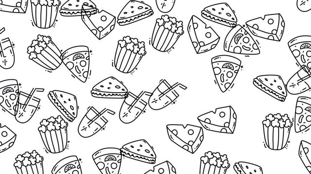 Hand-Drawn Food Pattern Illustration Pizza Cheese Burger Popcorn Drink