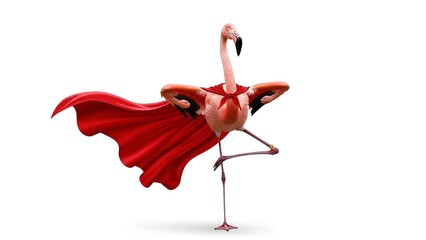 Fototapeta premium Majestic Flamingo Transforms into a Fearless Superhero, Standing Tall and Proud in a Dramatic Red Cloak and Striking a Confident Pose