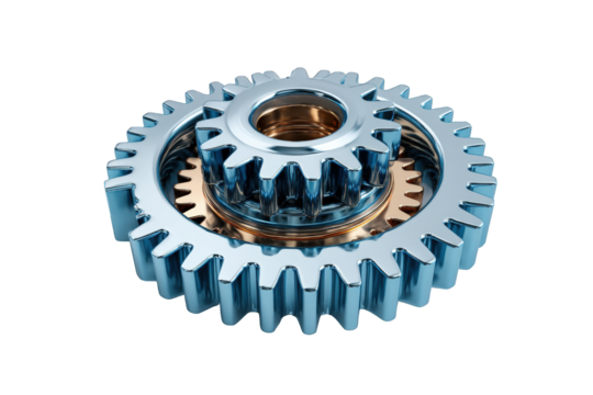 Interlocking gears, metallic blue and copper tones