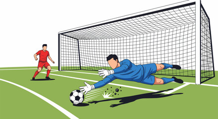 Goalkeeper dives to save soccer ball during a match.