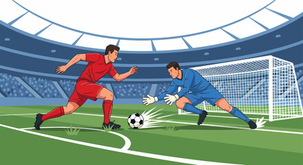 Soccer player kicks ball towards goalkeeper during match in stadium.