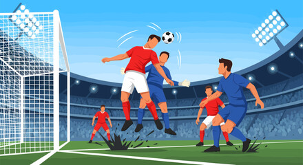 Soccer players compete for the ball during a match in the stadium.