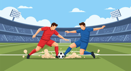 Soccer players in action competing for the ball on the field.