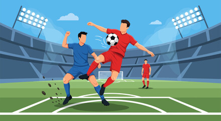 Soccer players in action kicking the ball during a match competition.