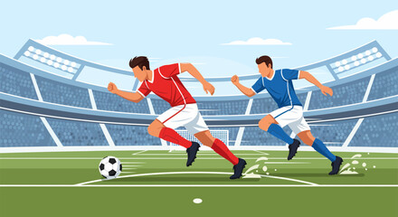 Soccer players sprinting towards the ball on the green field during the game.