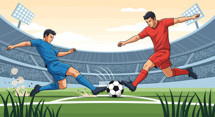 Soccer players in action kicking the ball during a match on the field.