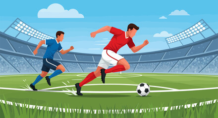 Soccer players sprinting towards the ball on a green field during a match.