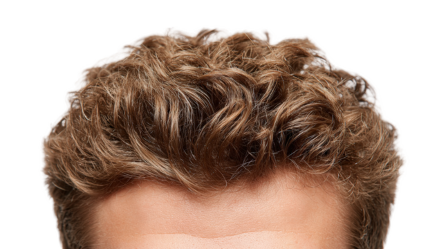 Close-up view of styled light brown curly hair