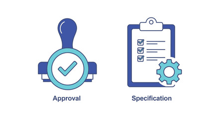 Vector illustration of approval stamp with a checkmark and a specification clipboard with a gear, , representing quality control and documentation