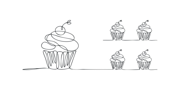 Continuous line art of cupcakes with swirls and topping