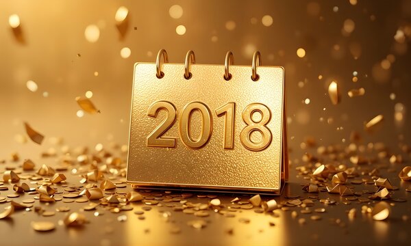 Celebrate 2018 with shimmering gold confetti and calendar for elegant anniversary celebrations and nostalgic design