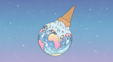 Ice cream cone melting into a planet