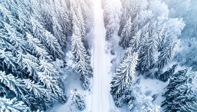 Aerial view of a snow-covered road cutting through a dense evergreen forest on a bright, sunny winter day