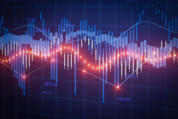 Analytical view of fluctuating stock market trends with colorful graphs and candle stick patterns