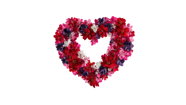 A heart-shaped floral wreath.  Colorful flowers