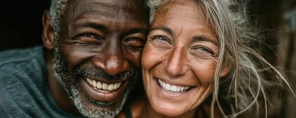 Joyful middle-aged couple smiling together and enjoying a memorable moment close-up