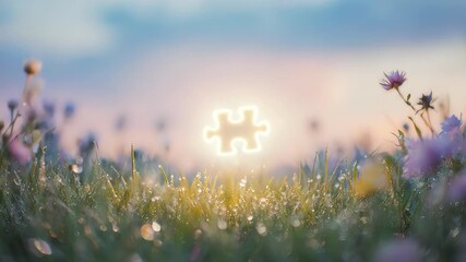 A glowing puzzle piece hovers over a wet green field with dewy flowers in soft light - Powered by Adobe