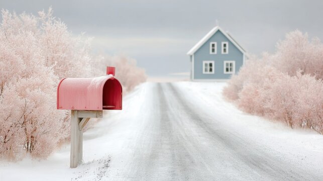 Red mailbox on winter road with frosty trees