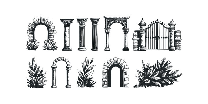 Collection of stone arches, columns and gate with foliage