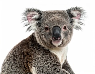 Close-up of a koala bear with gray fur and fluffy ears, white background