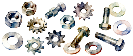 水彩で描いたナットやギアが織りなす機械パーツ｜背景なし・透過PNG・コピースペース