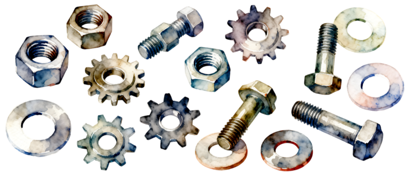 水彩で描いたナットやギアが織りなす機械パーツ｜背景なし・透過PNG・コピースペース