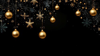 Elegant New Festive Decoration Image Featuring Beautiful Gold Christmas Balls and Stars against a Blank Black Background for a Luxury Feel.