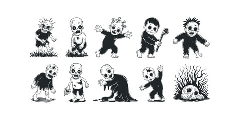 Fototapeta premium Set of Various Spooky Zombie Characters in Black and White