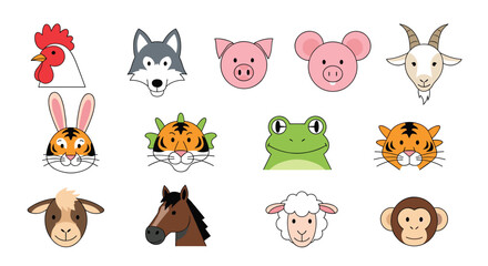 Fototapeta premium A collection of cute cartoon animal faces, including farm animals, wild creatures, and fantasy hybrids, presented on a white background.