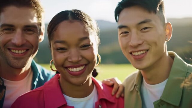 A diverse group of cheerful caucasian, african american, and asian teenagers smile and laugh in a sun-drenched green field with blurred mountains under golden hour light, youthful camaraderie