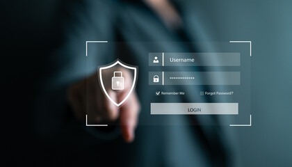 Businesswoman touching virtual login screen with security icon. Represents online safety, account protection, password access, user verification and secure system interface in technology.