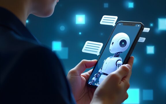 AI chatbot virtual assistant technology concept. Person using smartphone chat with AI chatbot that has dialogue bubbles, representing artificial intelligence, help, smart customer service technology,