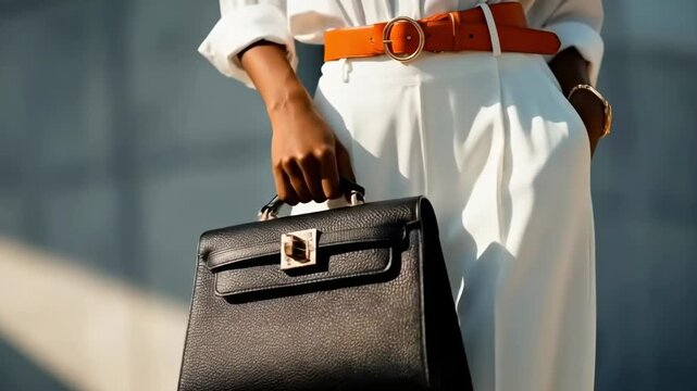 A sophisticated individual, dressed in crisp white attire, walks confidently while holding a stylish black leather handbag with prominent gold-colored hardware. The bright natural light casts subtle s