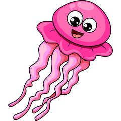 Cute Pink Jellyfish Illustration Transparent Background Cartoon Style Character Smiling with Big Eyes and Flowing Tentacles
