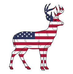 Proud American flag deer with stars and stripes covering its body and antlers. A patriotic wildlife graphic for hunters, outdoor enthusiasts, and US pride.