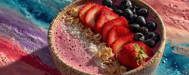 Naklejka premium Bright pink smoothie bowl with strawberries, blueberries, and granola