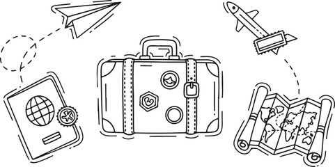 Vintage suitcase passport map paper airplane and toy plane traveling adventure icons vector