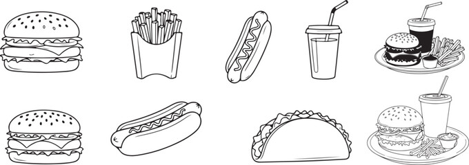 Collection of hand-drawn fast food icons featuring burgers hot dogs tacos and drinks for a classic menu design vector