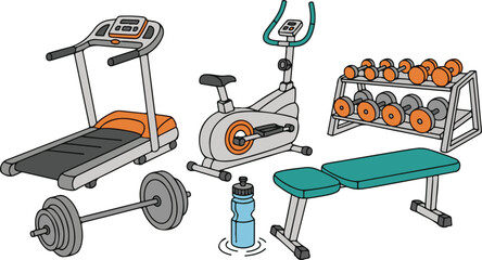 Comprehensive home gym equipment collection treadmill stationary bike dumbbells weight bench workout gear vector