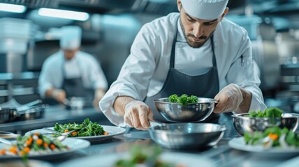 An executive chef oversees a bustling kitchen, orchestrating a symphony of flavors.