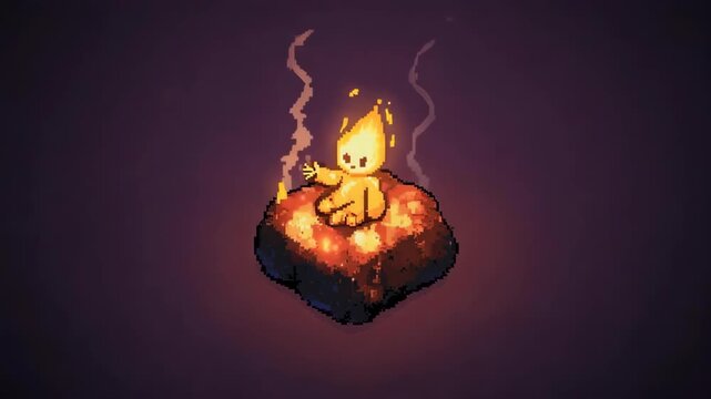 Pixelated fire spirit sits atop a burning stone, with smoke rising