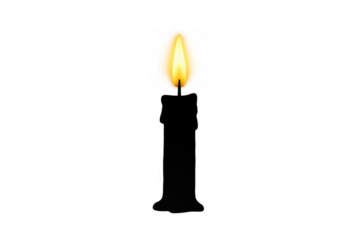 Black candle burning with a glowing flame on transparent background, symbolizing light, memory, and hope