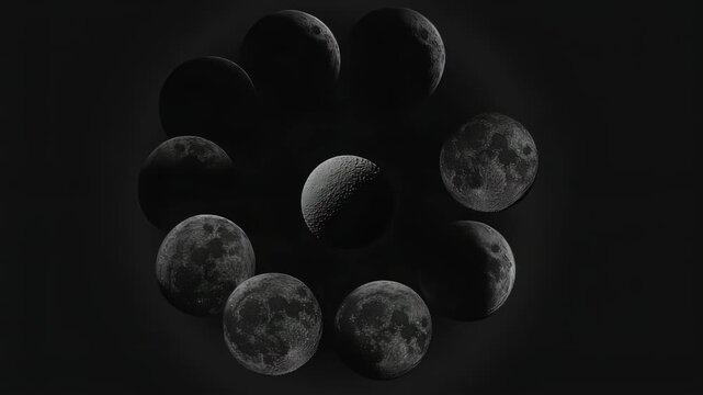 Nine celestial orbs depict moon phases arranged in a circular, monochrome composition