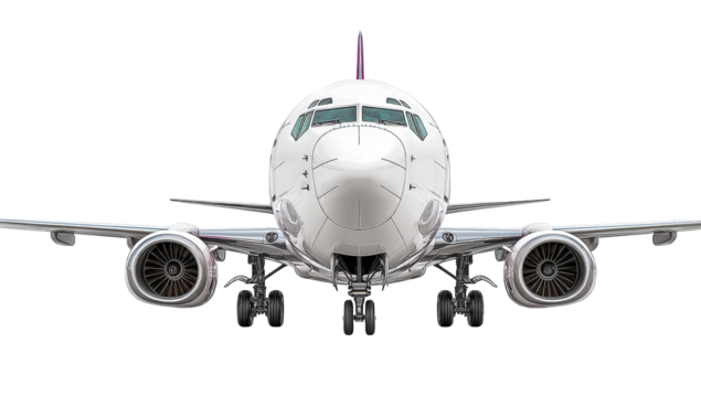 Front view of a white commercial jetliner