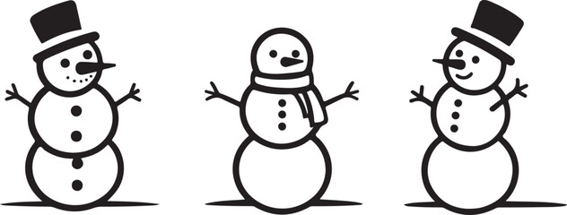 Three cheerful cartoon snowmen in top hats and scarves with carrot noses and stick arms vector