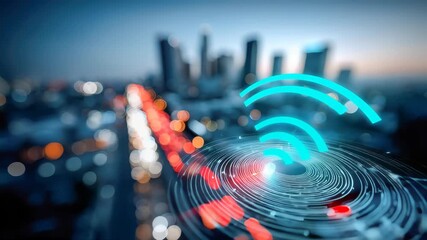 Futuristic smart city skyline with digital AR interface and glowing Wi-Fi symbol - Powered by Adobe