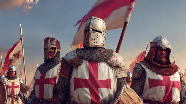Epic crusader lineup at dawn: templar knights with weathered shields and wind‑torn banners march across smoky light, historic cinematic atmosphere ideal for medieval history, heritage and legend story