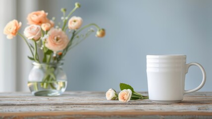 A blank white invitation card with a pressed flower on a wooden table beside a cup of tea.